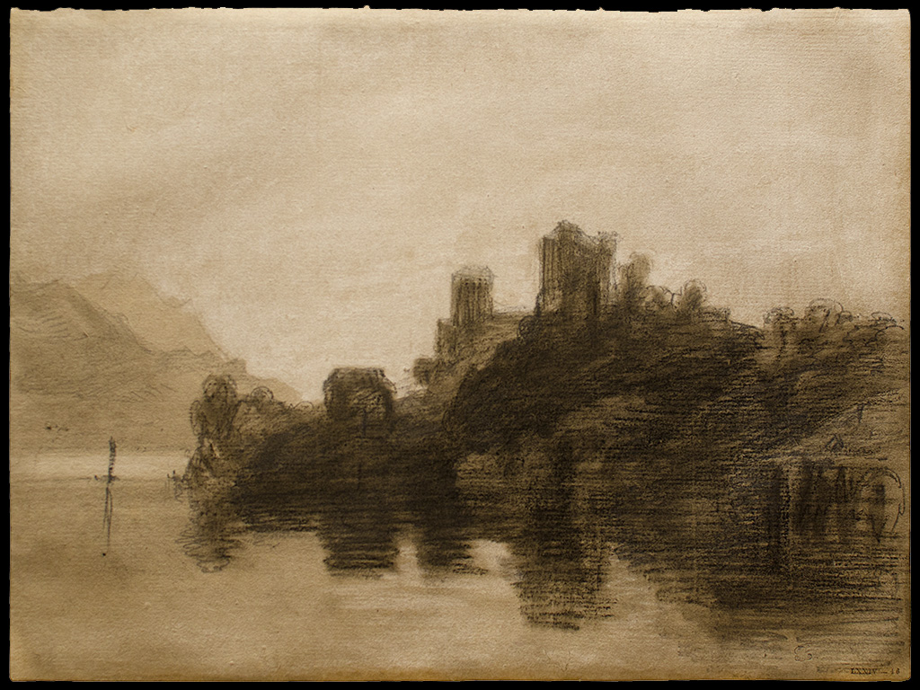 Ringgenberg Castle from Lake Brienz looking due West, backlit by a bright late-afernoon sun.